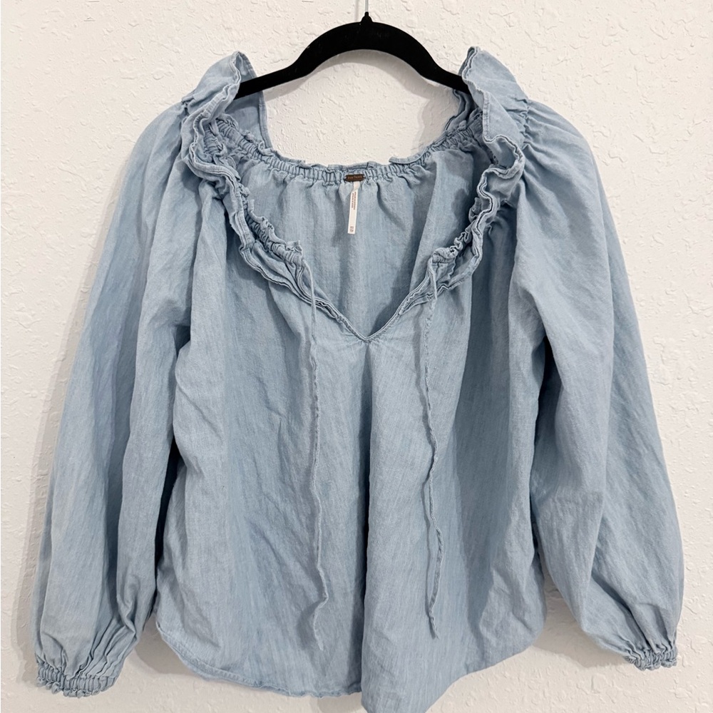 Free People Light Blue Ruffle Blouse